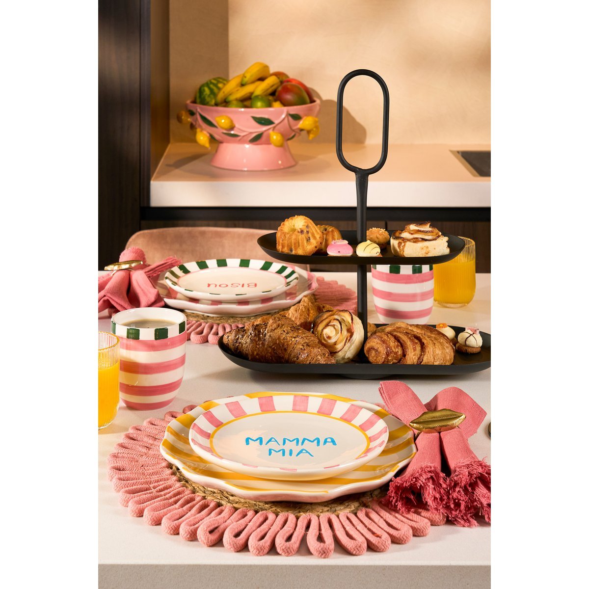 Set de service Bliss - 6 pièces - Stoneware - rose, jaune, vert