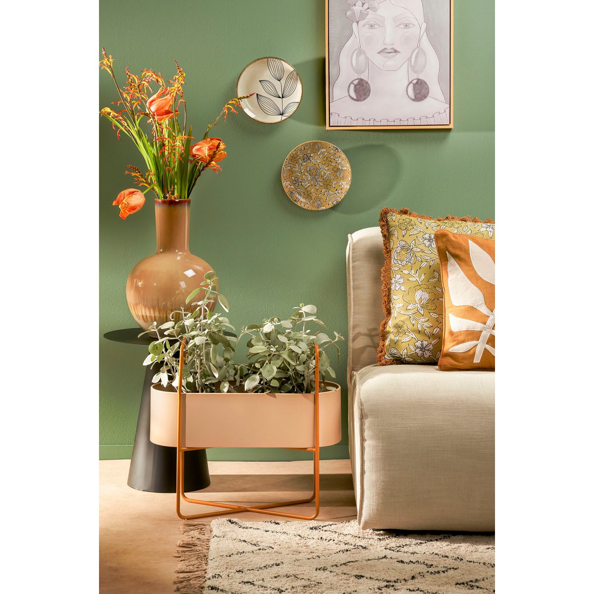 Jardinière sur Pied Shandy - L54 x L23 x H48 cm - Métal - Blanc Cassé, Marron Clair