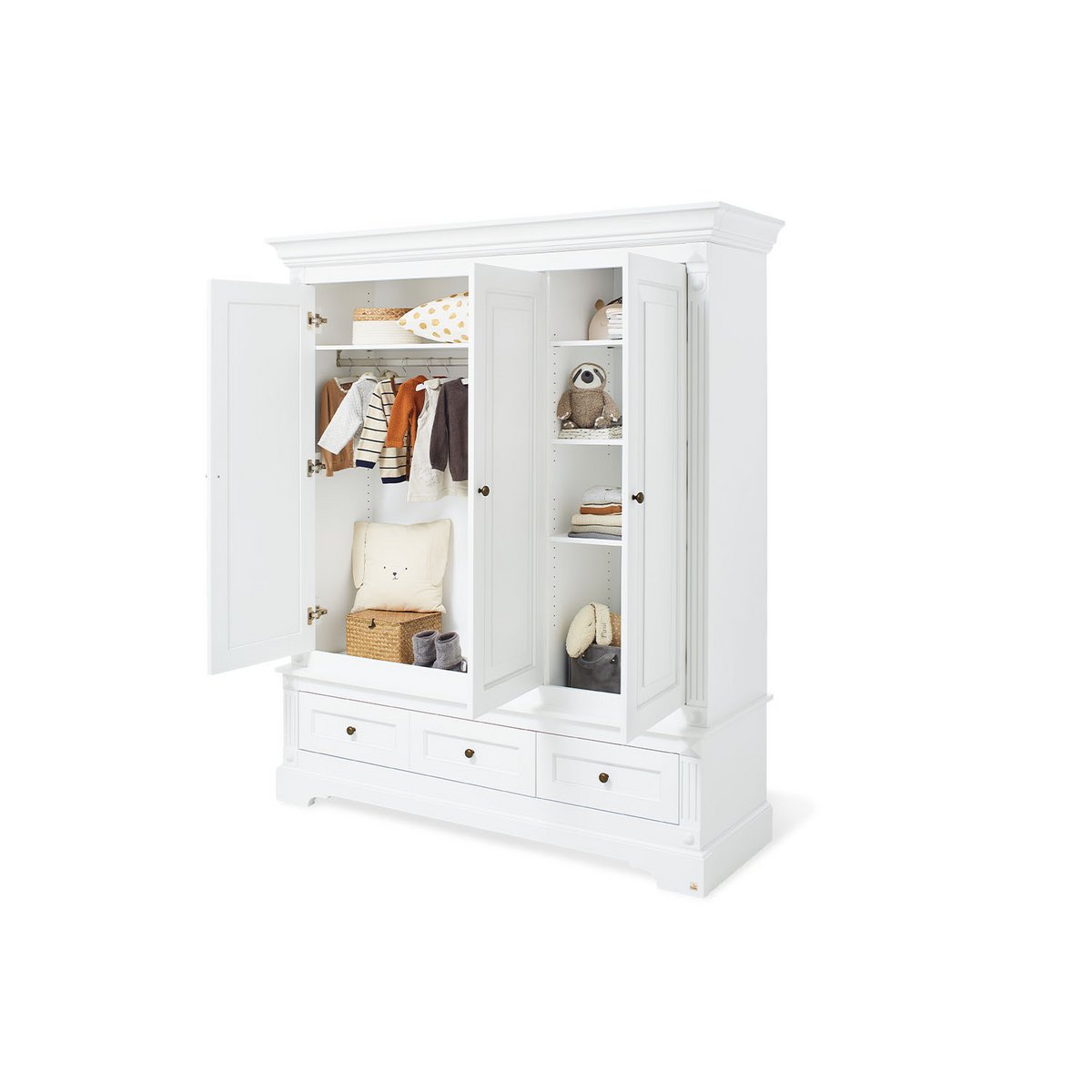 Nursery 'Emilia' extra large large, incl. étagère
4 pièces : lit bébé, meuble à langer extra large, grande penderie, étagère murale