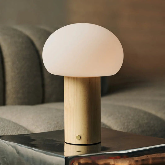 Lichtbruine houten tafellamp met glas en oplaadbare batterij | Dimbare en veelzijdige verlichting