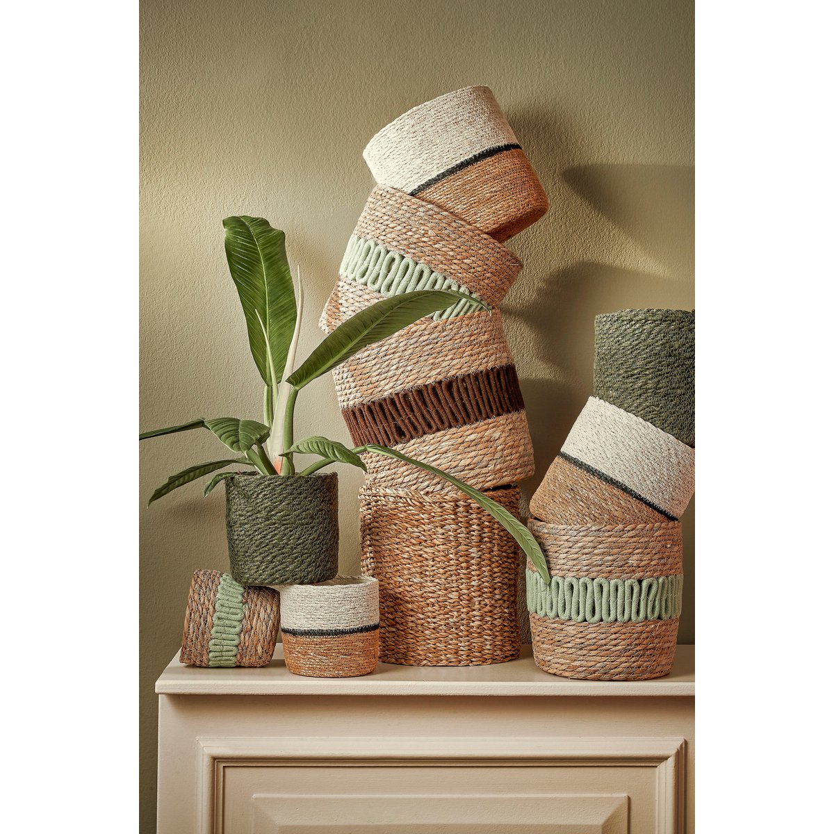 Panier végétal Damian - Ensemble de 2 - H20 x Ø20 cm - herbe maritime - blanc