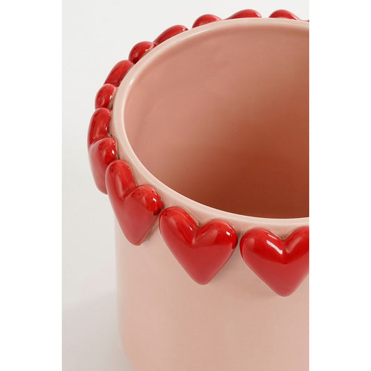 Paute de fleur avec coeurs - H18 x Ø21 cm - Dolomite - rose, rouge