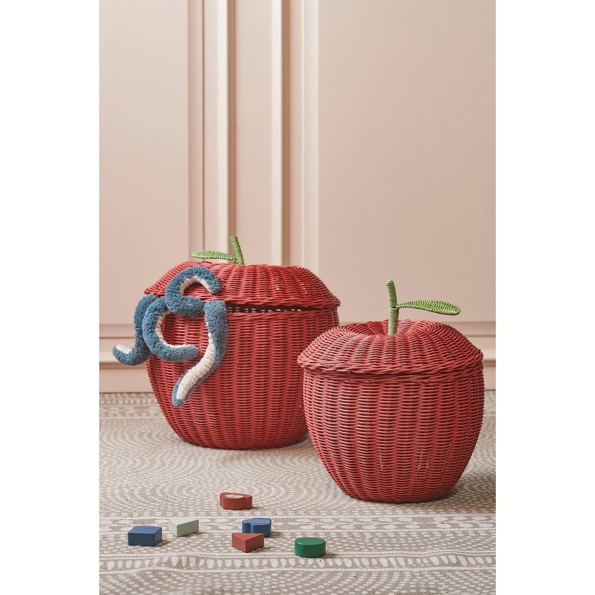 Panier de Rangement avec Couvercle - Lot de 2 - H48 x Ø30 cm - Rotin - Rouge