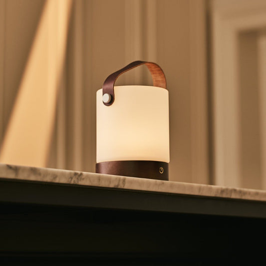 Avery Dark Brown Rechargeable Wooden Table Lamp – Cordless and Dimmable with Leather Strap