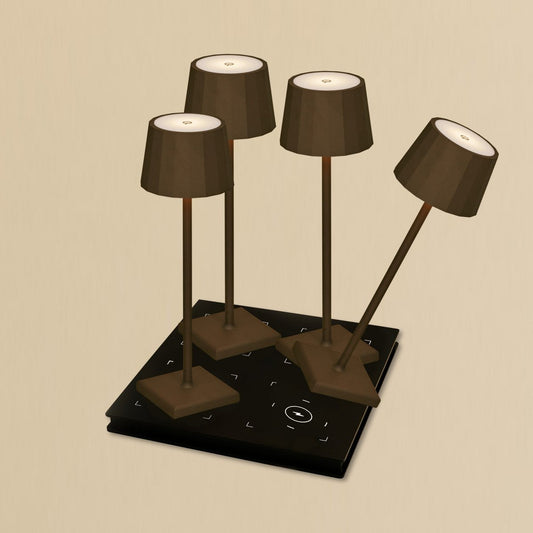 Combi set professionnel - 4 x wouter moka marron les lampes de table rechargeables et 1 x poste de charge sans fil Amstel avec Qi-Technology - parfait pour les restaurants, l'hospitalité et les hôtels