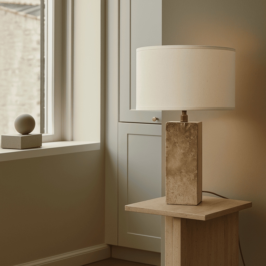 Lampe en travertin Rosie – Pierre naturelle élégante avec abat-jour en coton