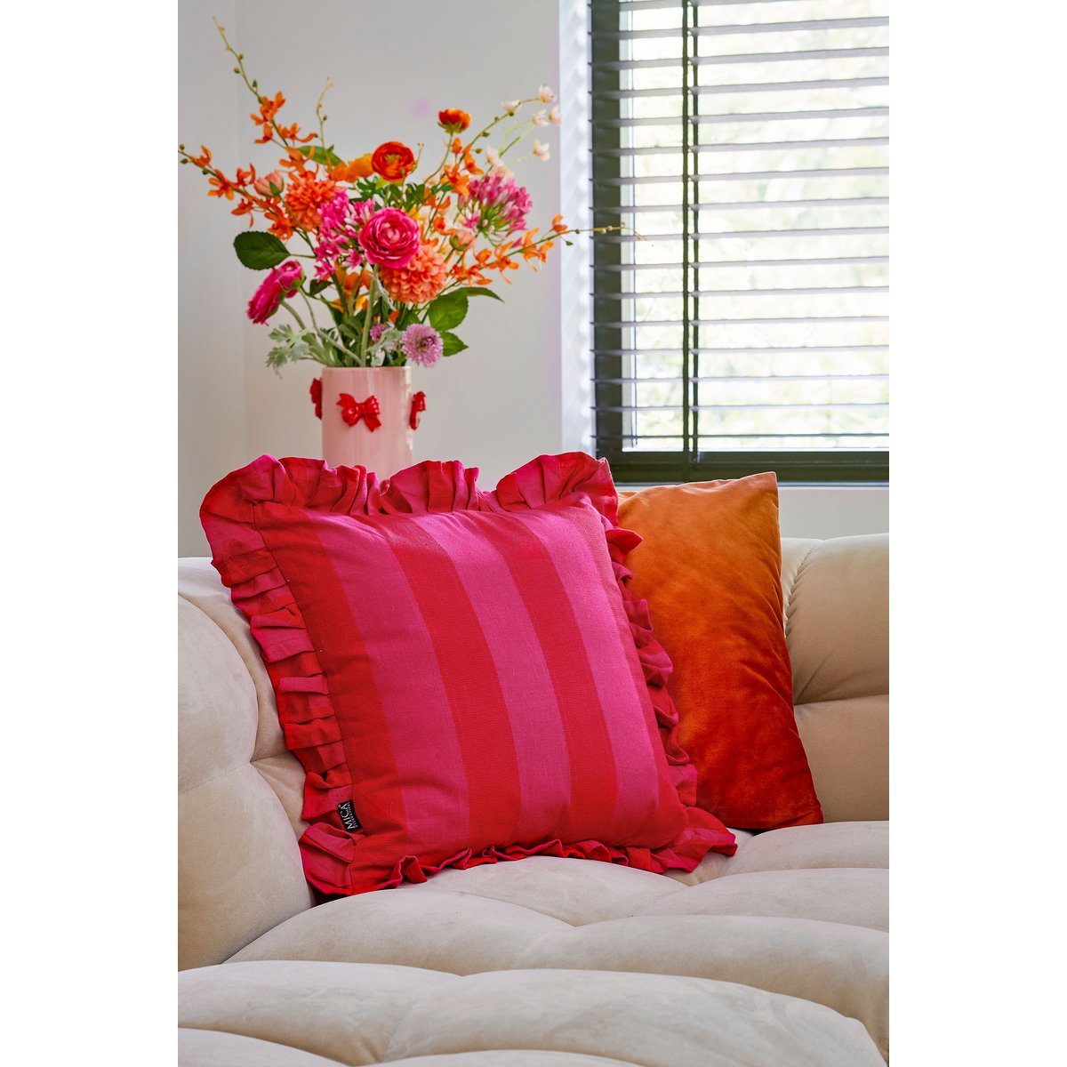 Coussin décoratif - L45 x B45 x H10 cm - Coton - rose, rouge