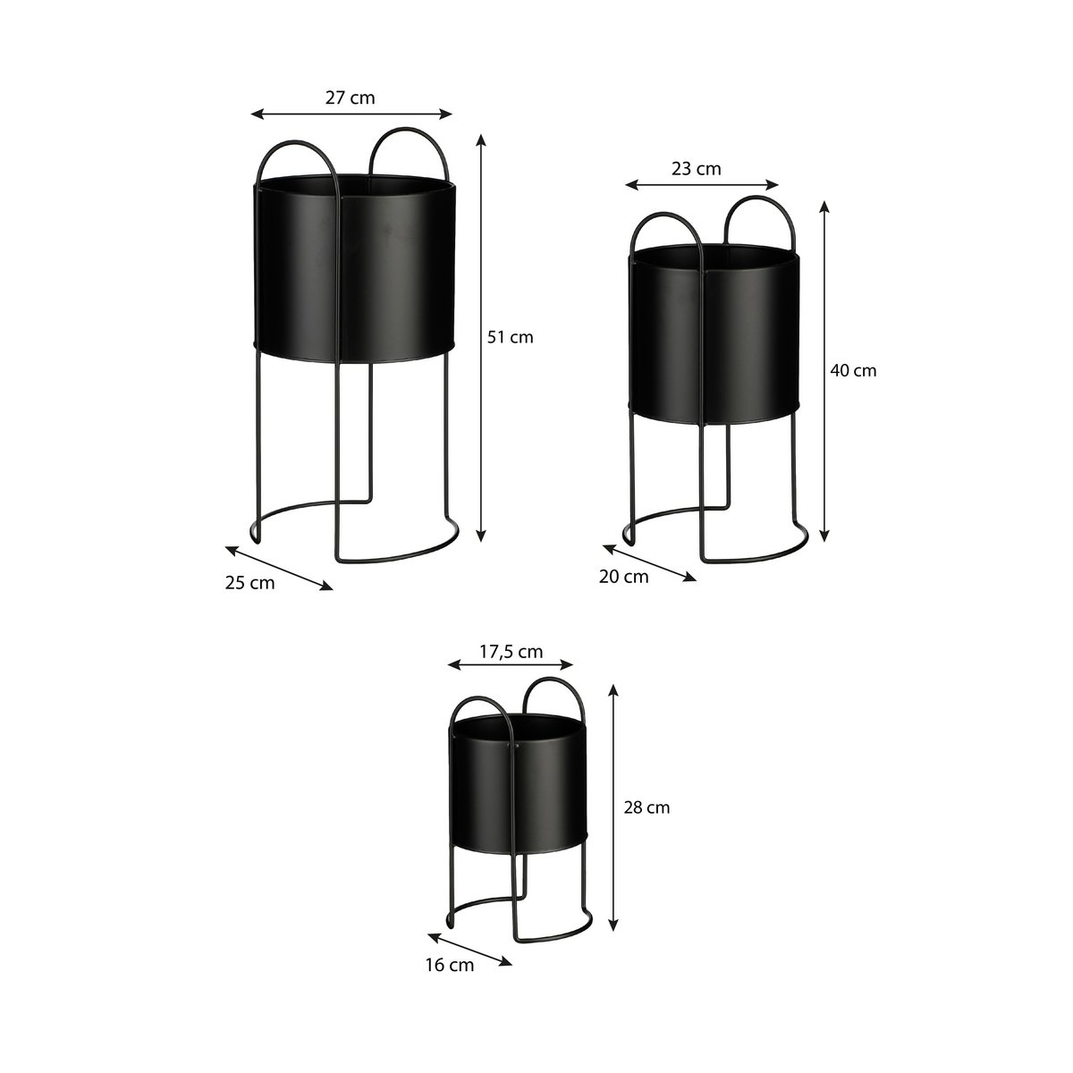 Petry Flowerpot on Standard - Ensemble de 3 - L27 x B25 x H51 cm - Métal - noir
