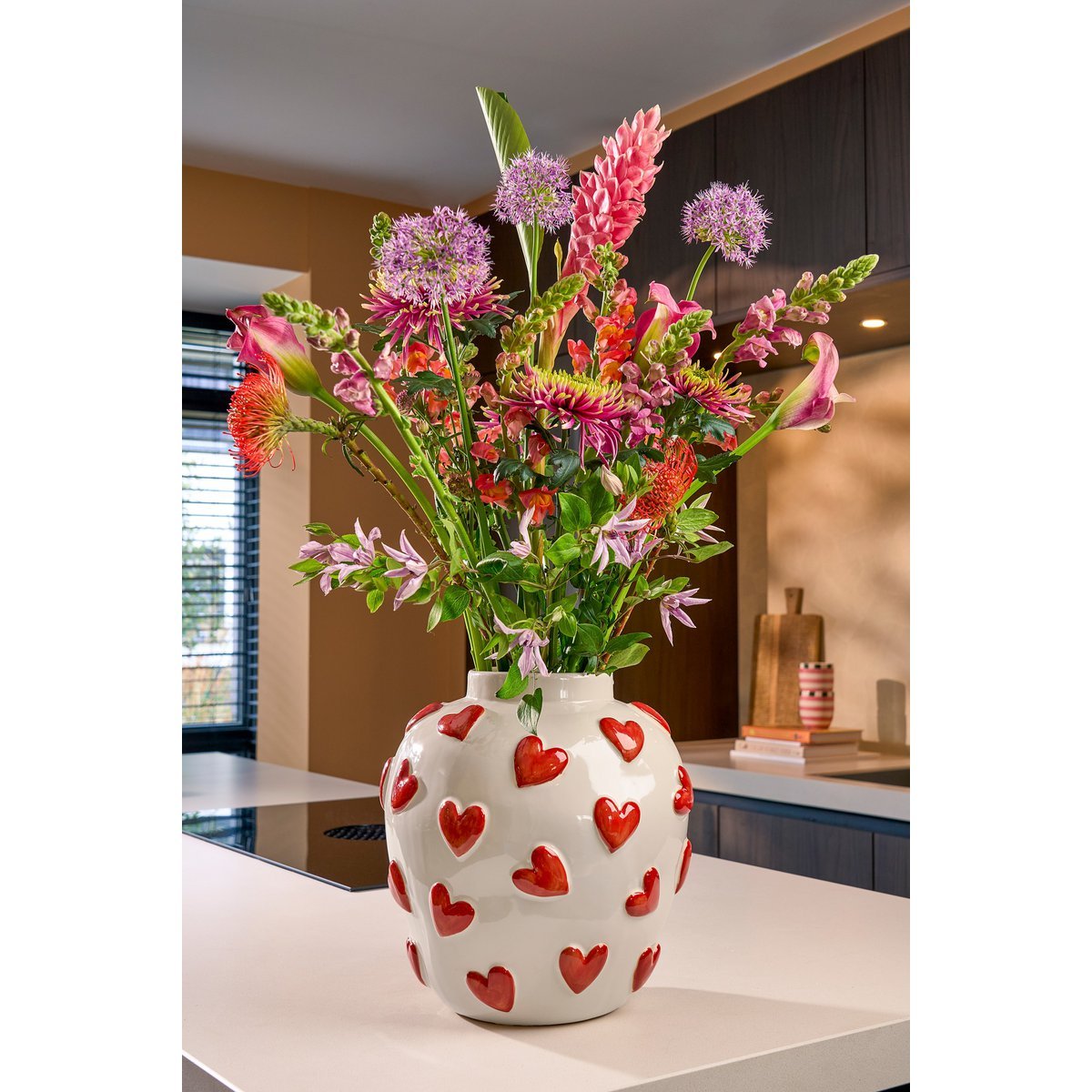 Vase Coeurs - H33 x Ø30 cm - Céramique - Blanc, Rouge