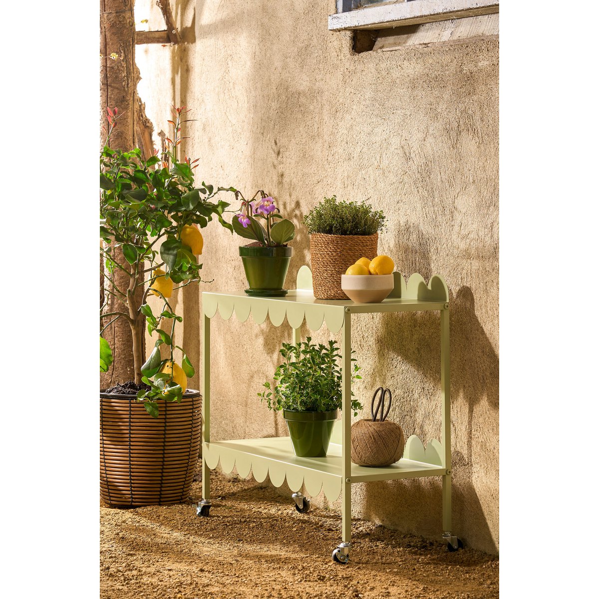Table de la plante Steffano sur roues - L79 x B28 x H67 cm - Métal - vert clair