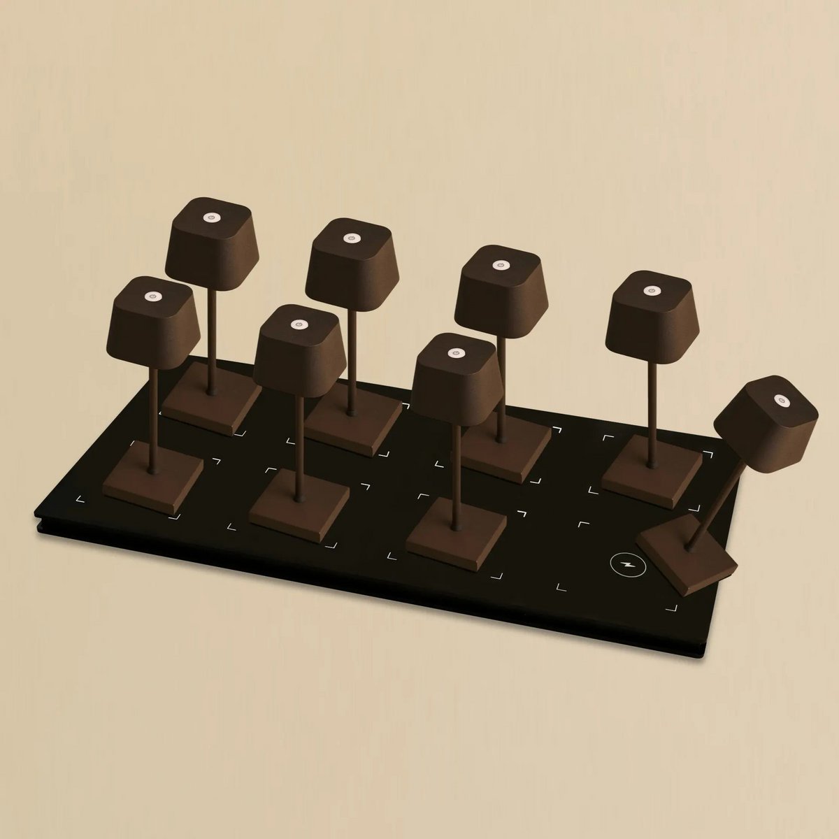 Professional Combi Set - 8 x Sarphati Mini Mocha Brown Rechargeable Table Lamps and 1 x Central Station Wireless Charging Station with Qi-Technology - Perfect for Restaurants, Hospitality and Hotels