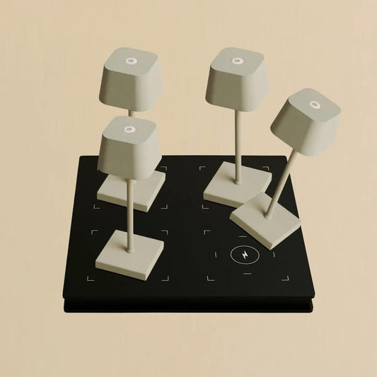 Professional Combi Set - 4 x Sarphati Mini Shadow Grey Rechargeable Table Lamps for Hospitality &amp; 1 x Amstel Wireless Charging Station with Qi-Technology - perfect for restaurants, hospitality and hotels