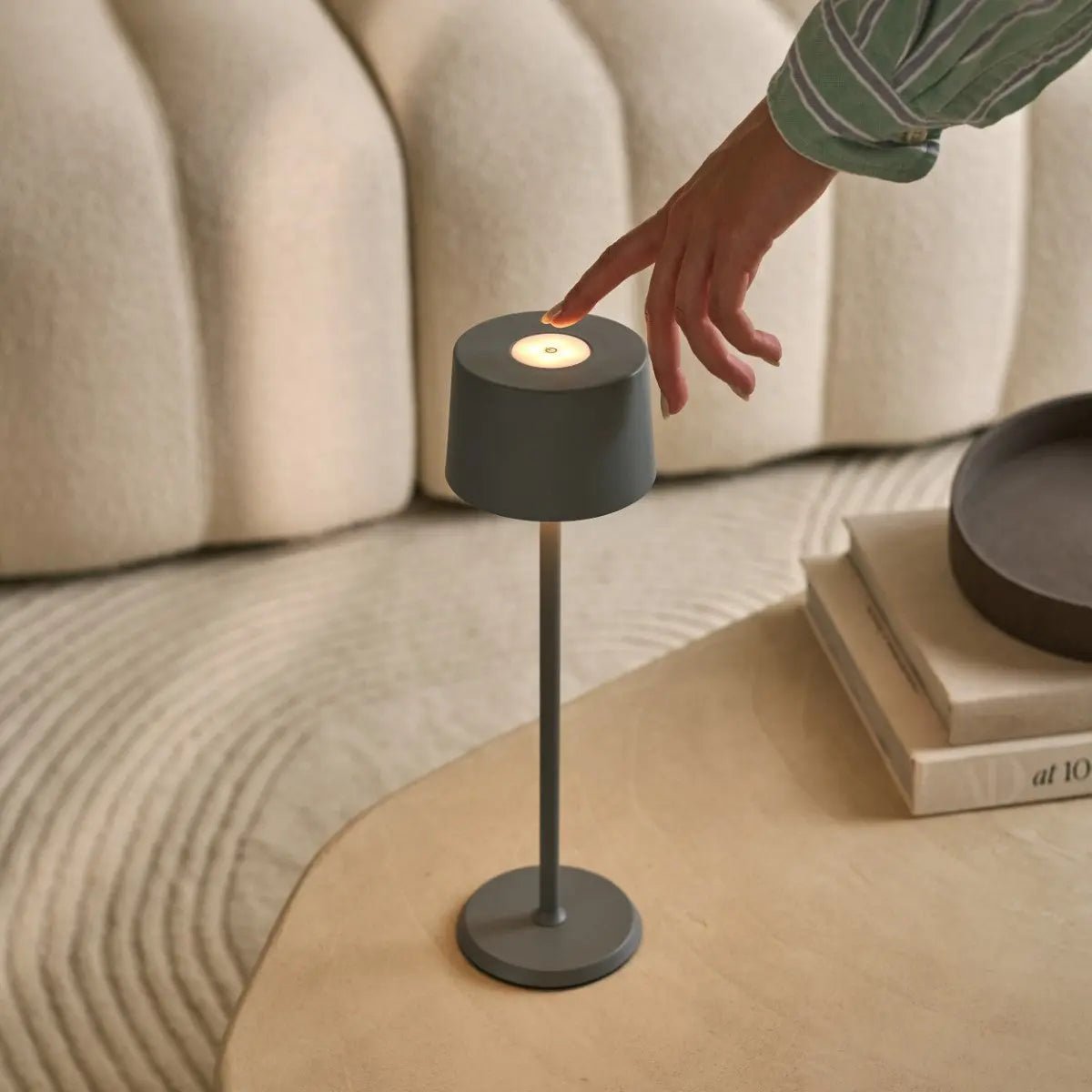 Lampe de table rechargeable en fer gris David Trout – Intensité variable et sans fil avec batterie de 120 heures