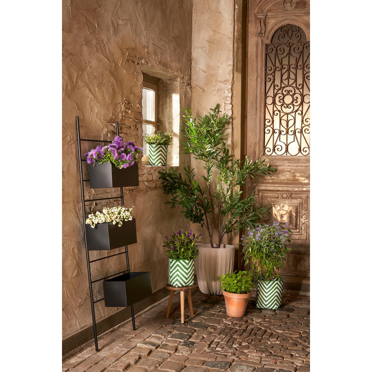 Panier à plantes d'extérieur Merlijn - Lot de 3 - H26 x Ø24 cm - Plastique recyclé - Vert foncé, Blanc