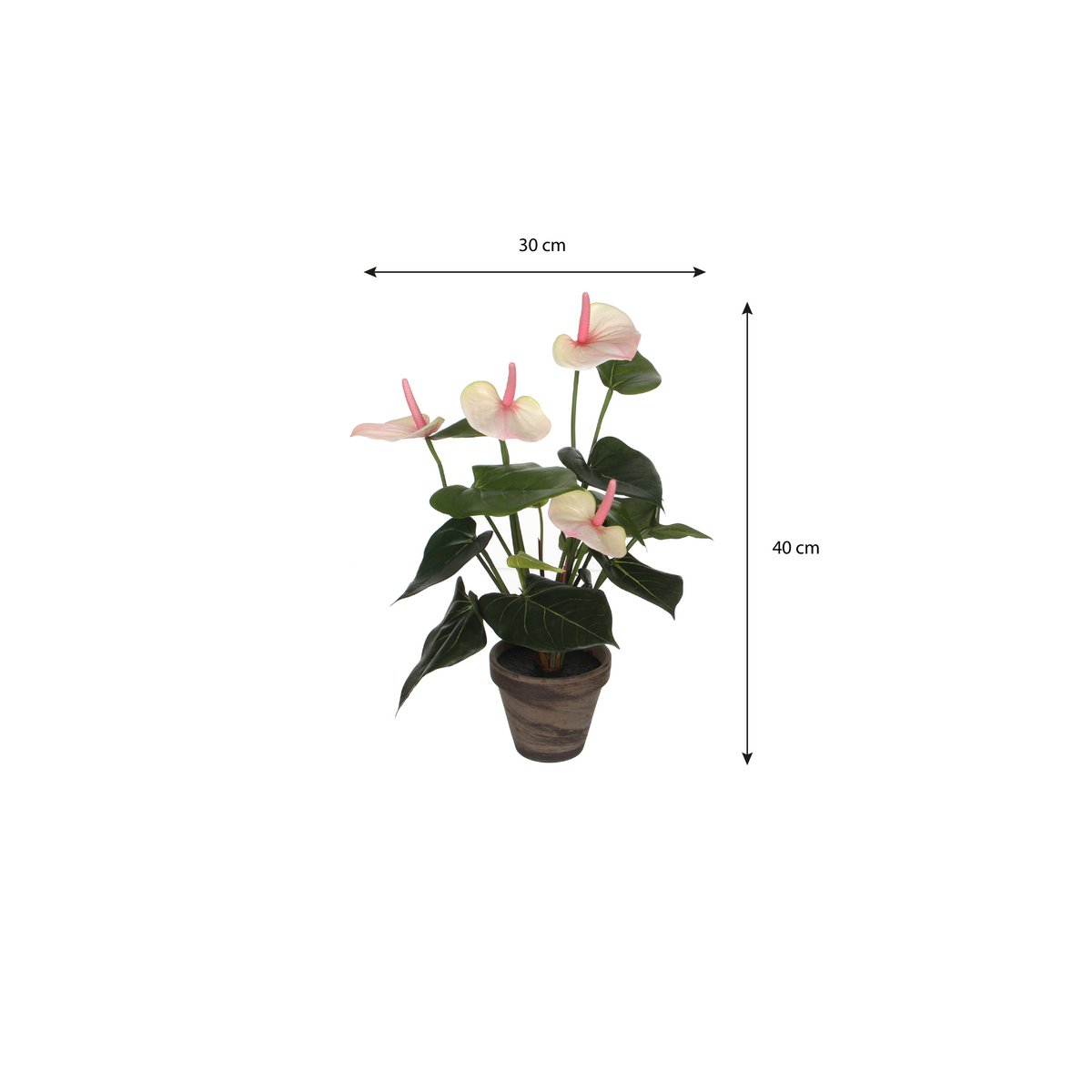 Plante Artificielle Anthurium en Pot de Fleur Stan - H40 x Ø30 cm - Rose Clair