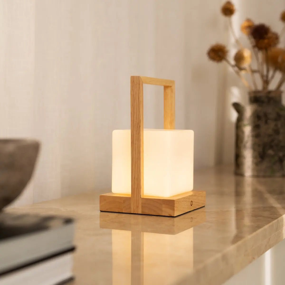 NOAH BRORN LIGHT WOODEN RECHARGable Table Lampe avec verre et poignée en bois