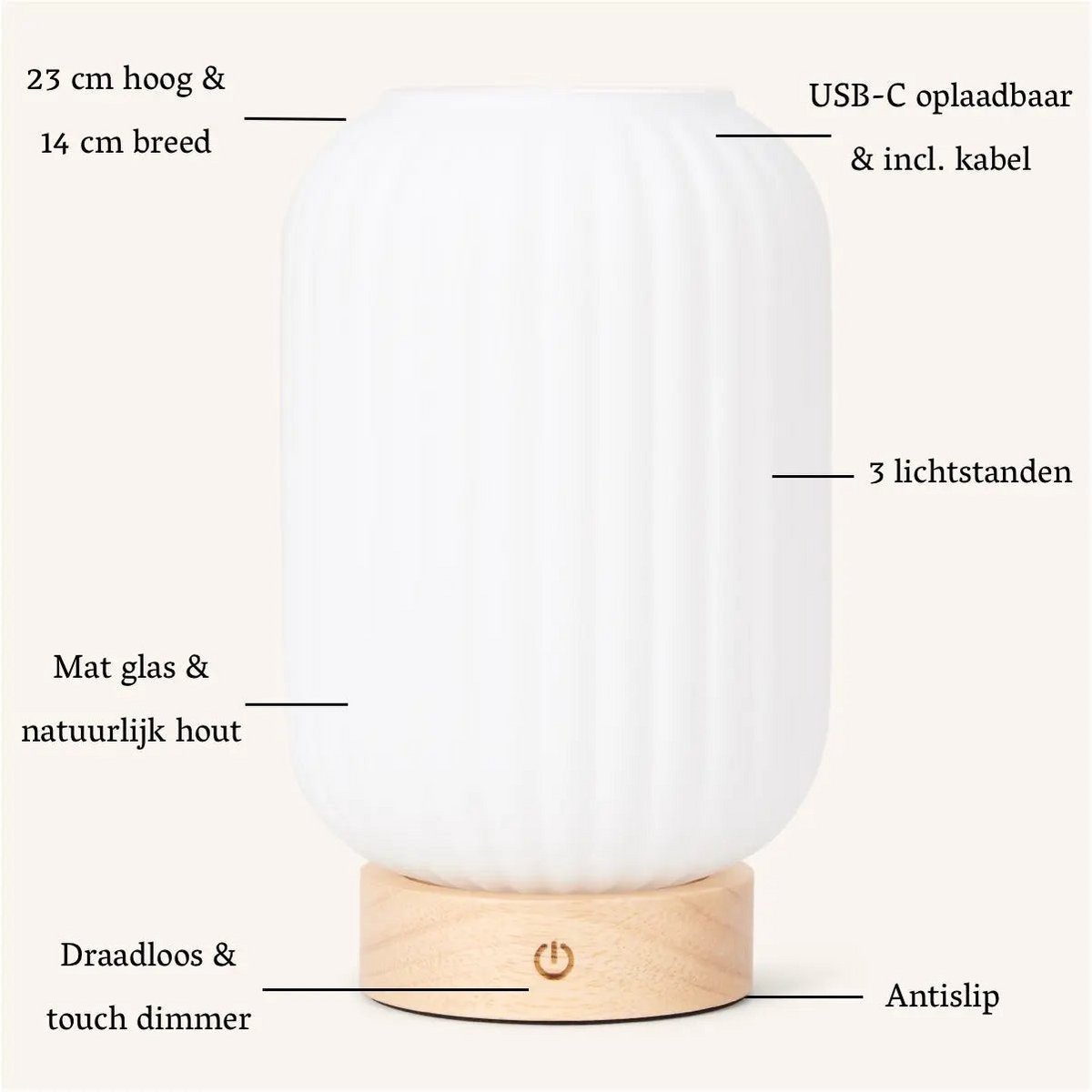 Lampe rechargeable unique Lilly – Verre dépoli et base en bois, intensité variable, 3 modes d'éclairage