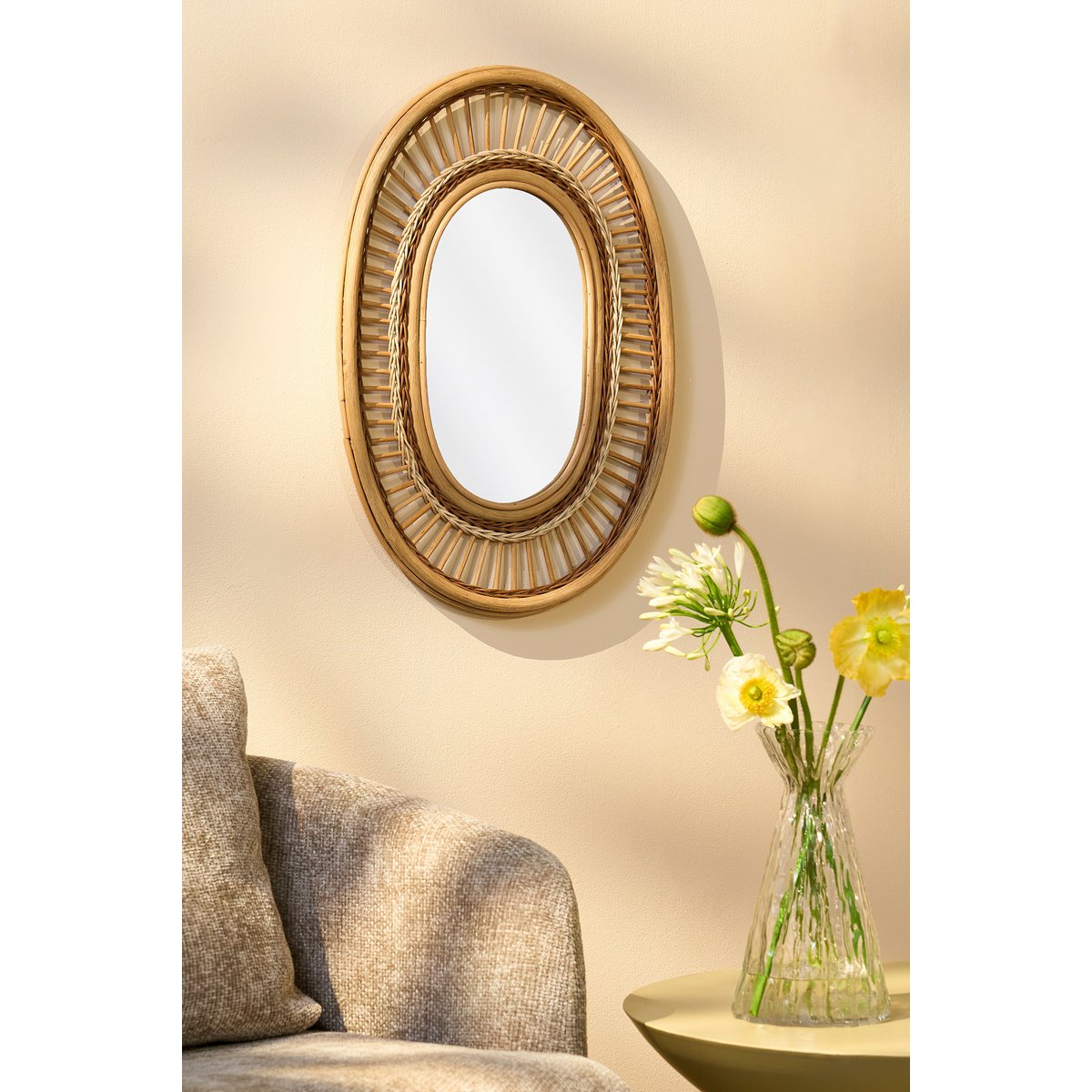 Miroir mural ovale - L59 x B40 x H3 cm - Roard - marron clair
