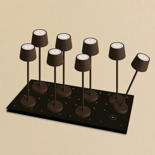 Combi Set Professional - 8 X Vondel Mini Mocha Brown Brown Rechargeable Table Lampes et 1 X Station centrale Station de charge sans fil avec Q1-Technology - Parfait pour les restaurants, l'hospitalité et les hôtels