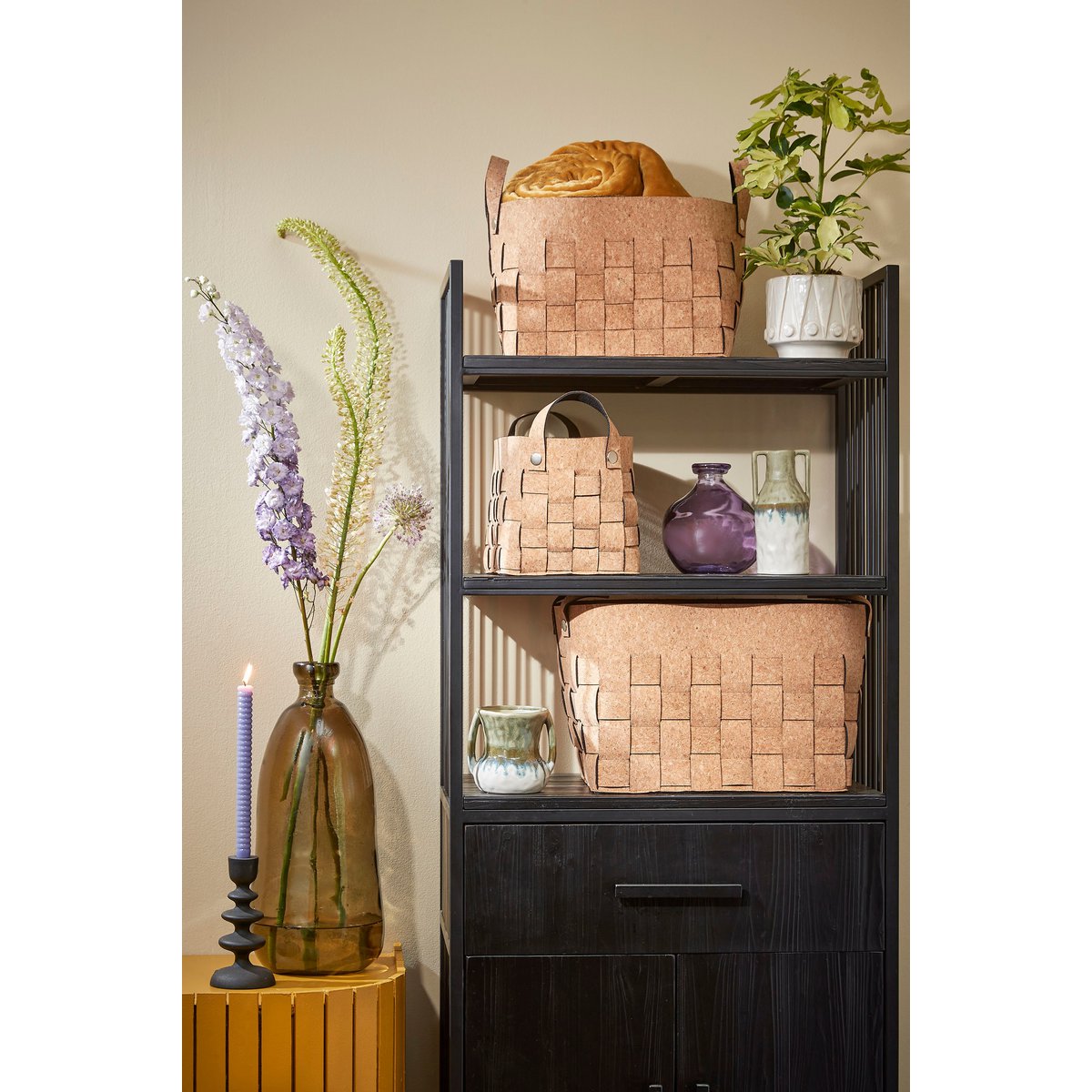 Storage Basket - Set of 3 - L40 x W30 x H30 cm - Cork / Felt - Brown