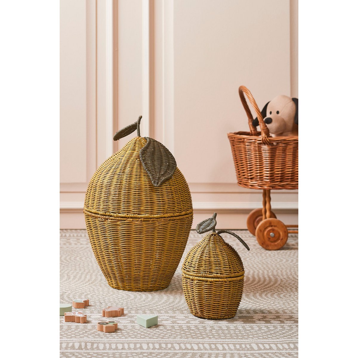 Panier de Rangement avec Couvercle - Lot de 2 - H48 x Ø30 cm - Rotin - Jaune