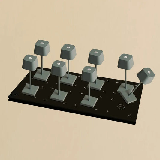 Professional Combi Set - 8 x Sarphati Mini Mouse Grey Rechargeable Table Lamps and 1 x Central Station Wireless Charging Station with Qi-Technology - Perfect for Restaurants, Hospitality and Hotels