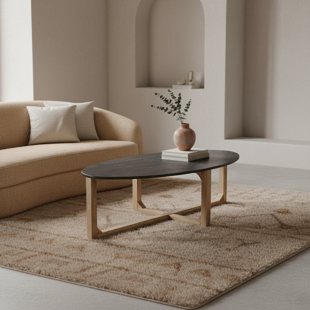 Table basse ovale en marbre - noir - 120x60x38 cm