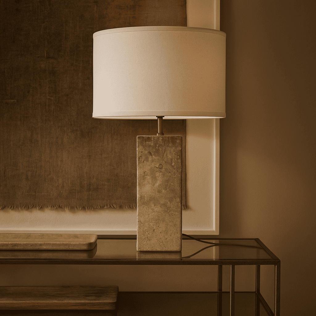 Lampe en travertin Rosie – Pierre naturelle élégante avec abat-jour en coton