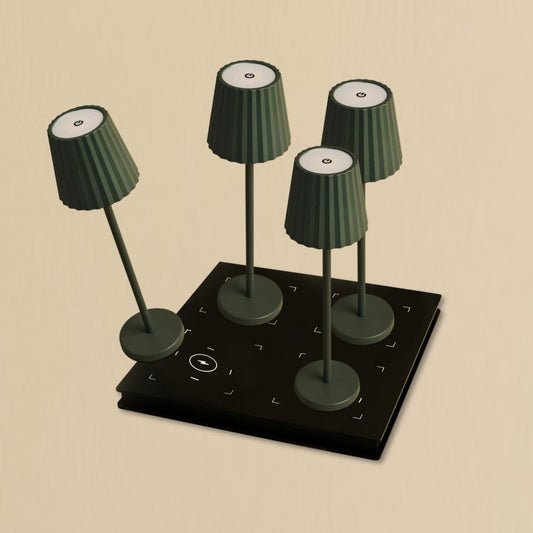Combi Set Professional - 4 x Maya Olive Green Rechargeable Table Lampes et 1 X Amstel Wireless Station Wireless avec Qi-Technology - parfait pour les restaurants, l'hospitalité et les hôtels