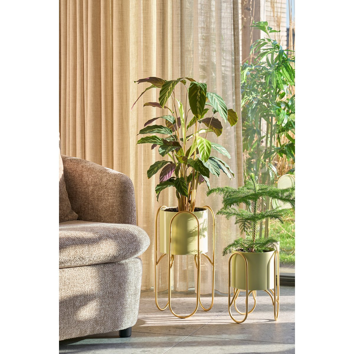 Danube Flowerpot sur standard - ensemble de 2 - métal - H45 x Ø23 cm - vert clair, or