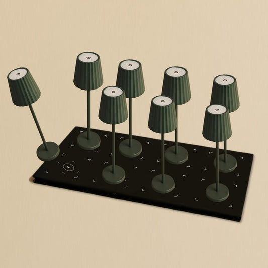 Combi Set Professional - 8 x Maya Olive Green Rechargeable Table Lampes et 1 X Station centrale Station de charge sans fil avec Qi-Technology - Parfait pour les restaurants, l'hospitalité et les hôtels